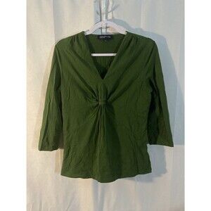 62-3 JONES NEW YORK solid green v-cut gathered jersey knit top L